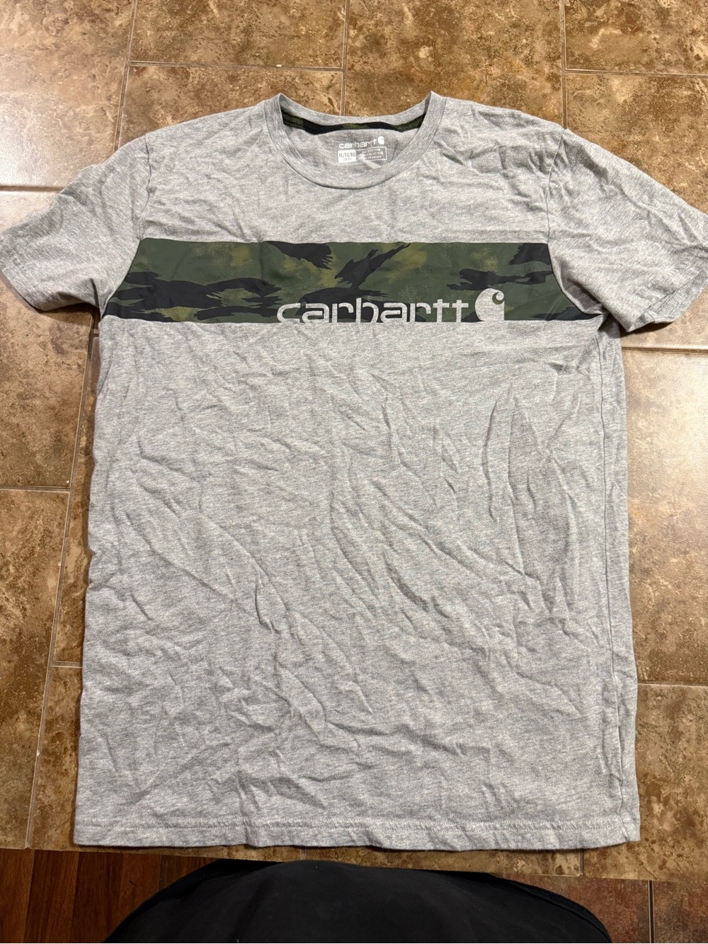 Carhartt Gray Short-Sleeve Tee with Green Camo Chest Stripe
